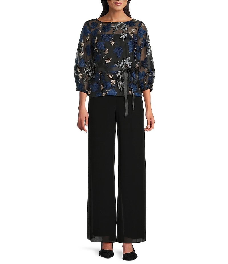 Alex Evenings Floral Embroidered Stretch Tulle Bubble Hem Sleeve Blouse