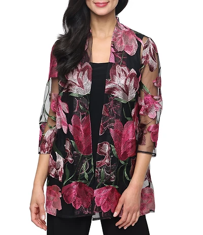 Alex Evenings Floral Embroidered Tulle Jacket Solid Scoop Neck Jersey Tank Twinset