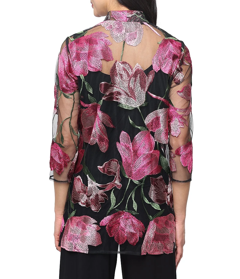 Alex Evenings Floral Embroidered Tulle Jacket Solid Scoop Neck Jersey Tank Twinset