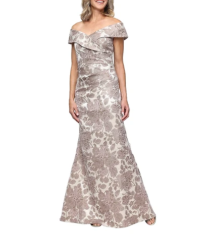Alex Evenings Floral Jacquard Off The Shoulder Neck Sleeveless Mermaid Gown