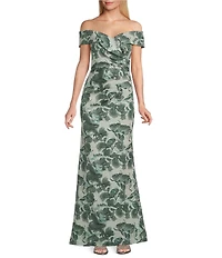 Alex Evenings Floral Metallic Print Jacquard Off The Shoulder Gown