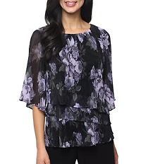 Alex Evenings Floral Print 3/4 Sleeve Asymmetrical Hem Metallic Knit Blouse