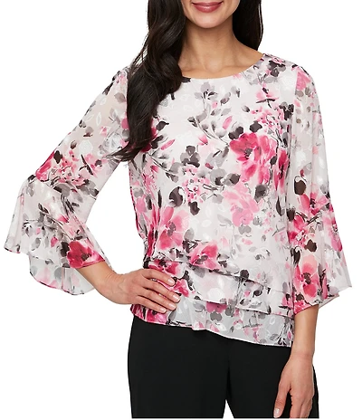 Alex Evenings Floral Print Chiffon Boat Neck 3/4 Sleeve Asymmetric Hem Blouse