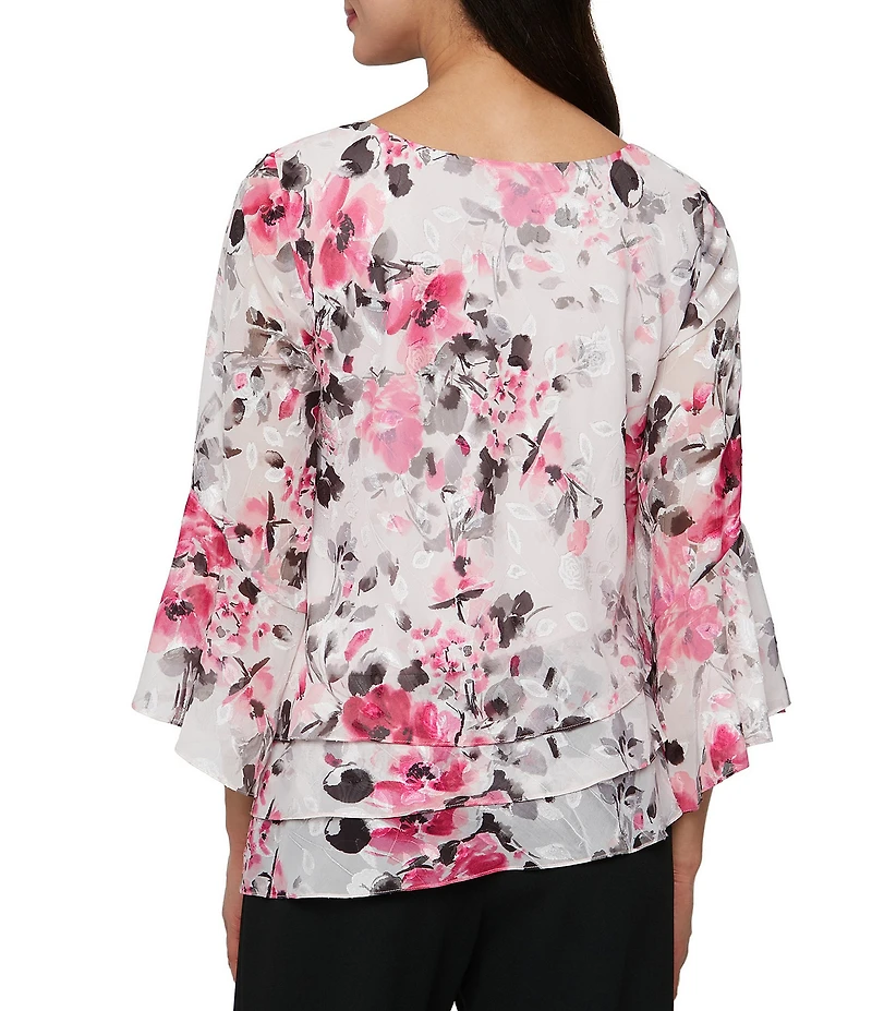 Alex Evenings Floral Print Chiffon Boat Neck 3/4 Sleeve Asymmetric Hem Blouse