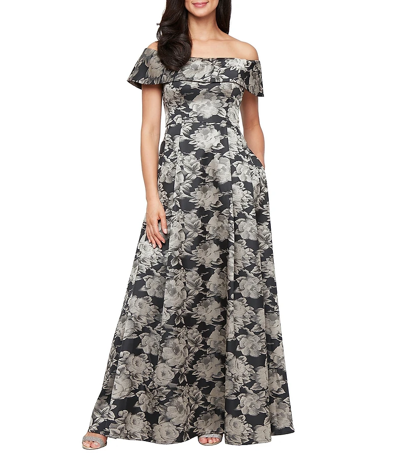 Alex Evenings Floral Print Jacquard Off The Shoulder Neck Short Sleeve Ballgown