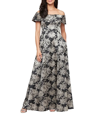 Alex Evenings Floral Print Jacquard Off The Shoulder Neck Short Sleeve Ballgown