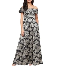 Alex Evenings Floral Print Jacquard Off The Shoulder Neck Short Sleeve Ballgown