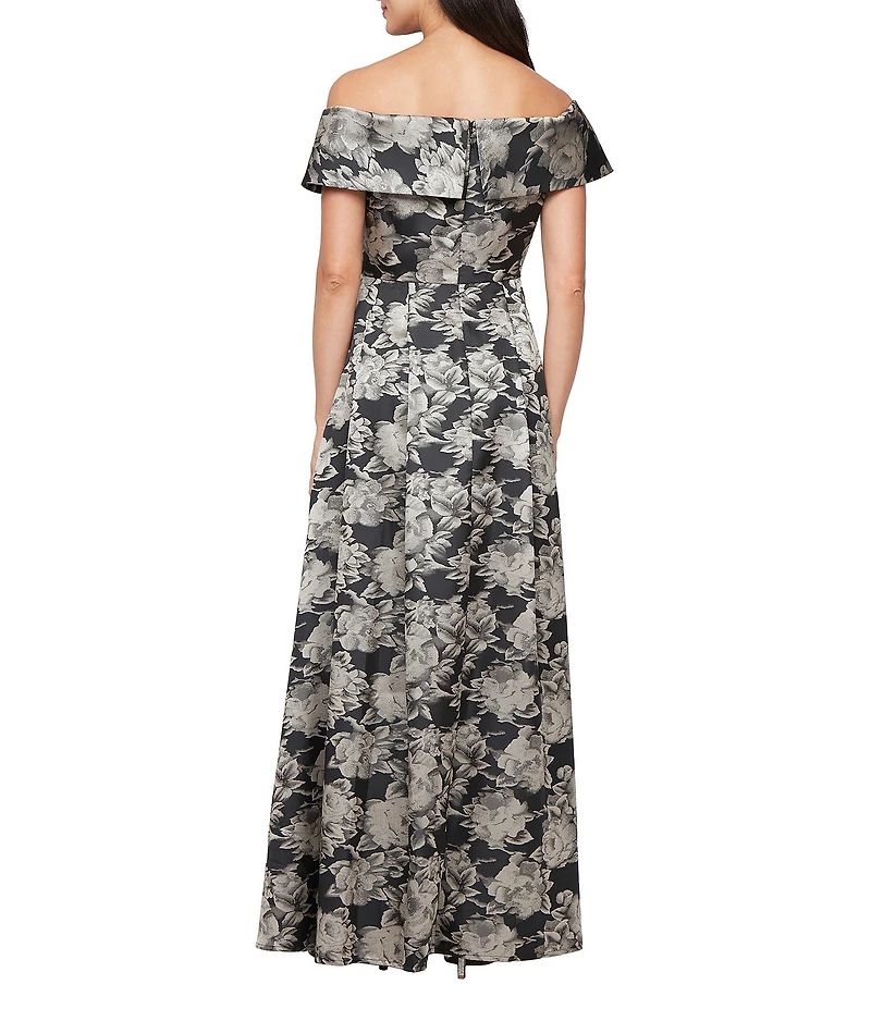 Alex Evenings Floral Print Jacquard Off The Shoulder Neck Short Sleeve Ballgown