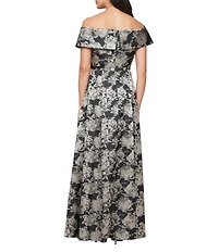 Alex Evenings Floral Print Jacquard Off The Shoulder Neck Short Sleeve Ballgown