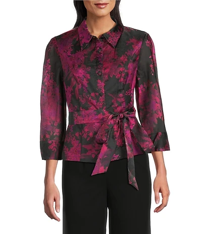 Alex Evenings Floral Print Organza Button Front Tie Waist 3/4 Sleeve Blouse