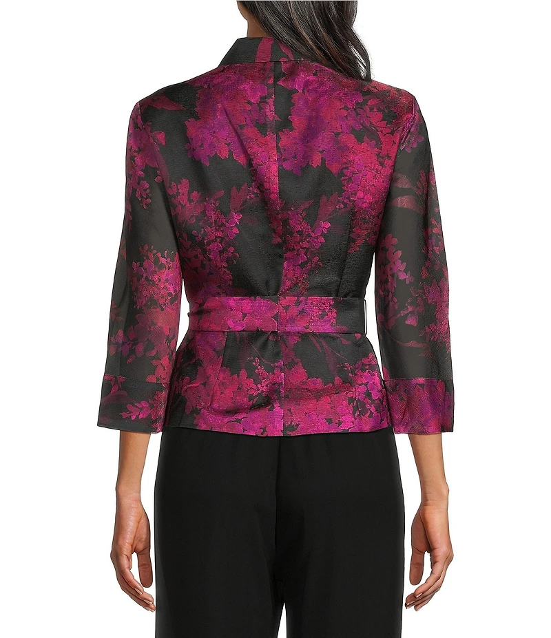 Alex Evenings Floral Print Organza Button Front Tie Waist 3/4 Sleeve Blouse
