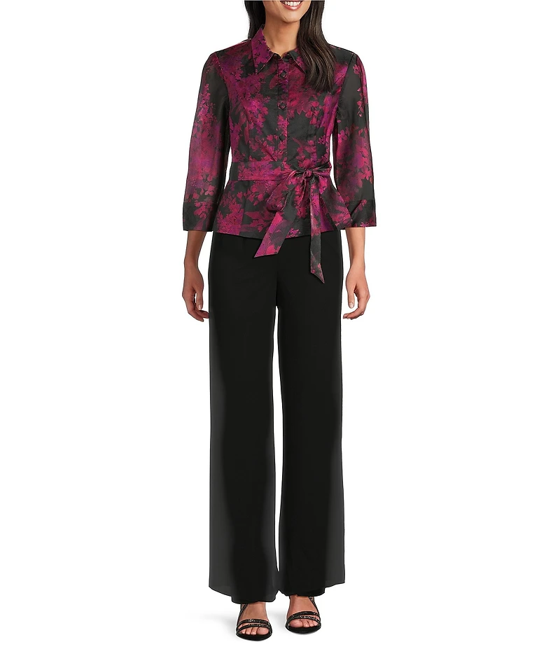 Alex Evenings Floral Print Organza Button Front Tie Waist 3/4 Sleeve Blouse