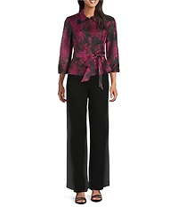 Alex Evenings Floral Print Organza Button Front Tie Waist 3/4 Sleeve Blouse