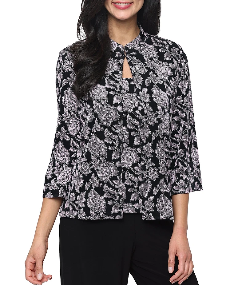 Alex Evenings Floral Print Slinky Glitter Knit 3/4 Sleeve Twinset