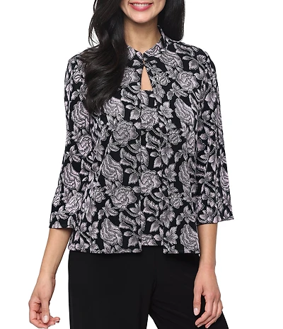 Alex Evenings Floral Print Slinky Glitter Knit 3/4 Sleeve Twinset