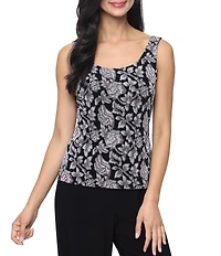 Alex Evenings Floral Print Slinky Glitter Knit 3/4 Sleeve Twinset