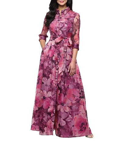 Alex Evenings Floral Print Tie Waist Button Bodice Organza Gown