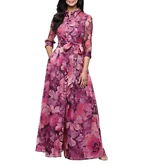 Alex Evenings Floral Print Tie Waist Button Bodice Organza Gown