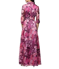 Alex Evenings Floral Print Tie Waist Button Bodice Organza Gown