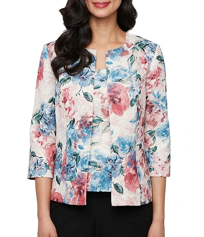 Alex Evenings Floral Printed Chiffon Jacquard Sheath Twinset