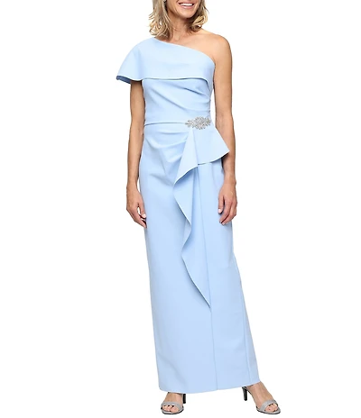 Alex Evenings Fold Over Cuff Neck Embellished Cascade Detail One Shoulder Long Gown