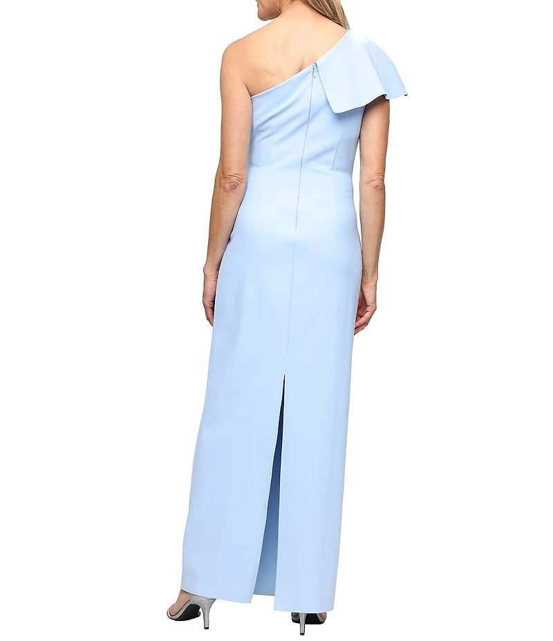 Alex Evenings Fold Over Cuff Neck Embellished Cascade Detail One Shoulder Long Gown