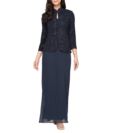 Alex Evenings Glitter Jacquard Knit Mandarin Neck Jacket Dess