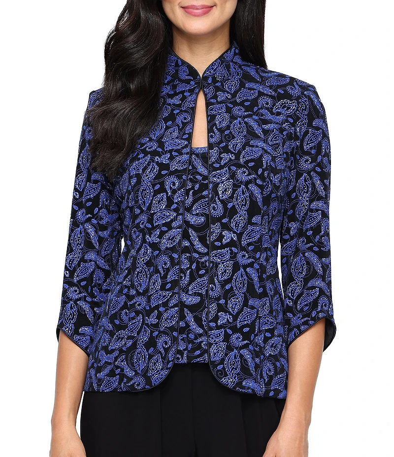 Alex Evenings Glitter Knit Mandarin Collar 3/4 Sleeve Twinset