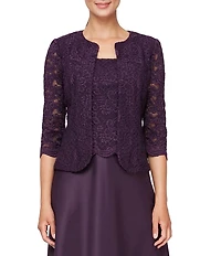 Alex Evenings Glitter Lace 3/4 Sleeve Square Neck Scallop Hem Bodice 2-Piece Jacket Gown