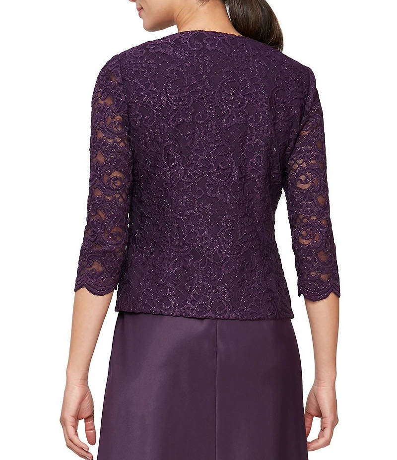 Alex Evenings Glitter Lace 3/4 Sleeve Square Neck Scallop Hem Bodice 2-Piece Jacket Gown