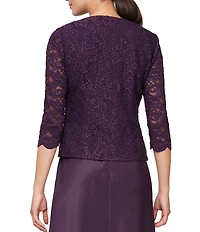 Alex Evenings Glitter Lace 3/4 Sleeve Square Neck Scallop Hem Bodice 2-Piece Jacket Gown
