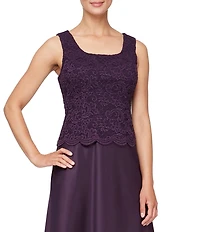 Alex Evenings Glitter Lace 3/4 Sleeve Square Neck Scallop Hem Bodice 2-Piece Jacket Gown