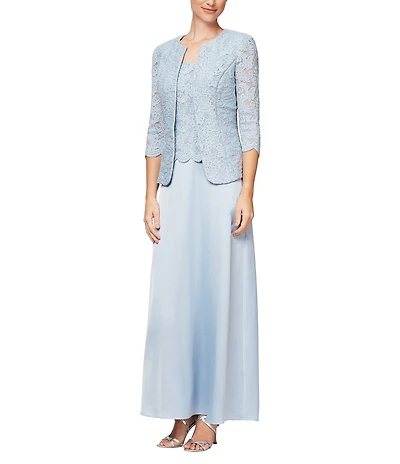 Alex Evenings Glitter Lace 3/4 Sleeve Square Neck Scallop Hem Bodice 2-Piece Jacket Gown