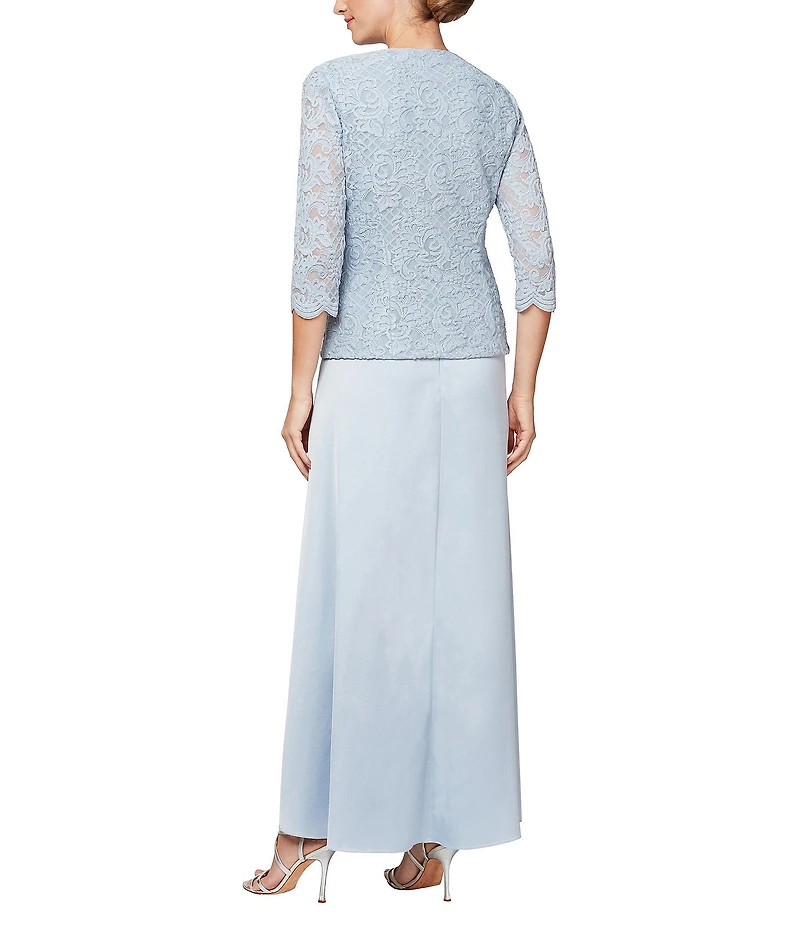 Alex Evenings Glitter Lace 3/4 Sleeve Square Neck Scallop Hem Bodice 2-Piece Jacket Gown