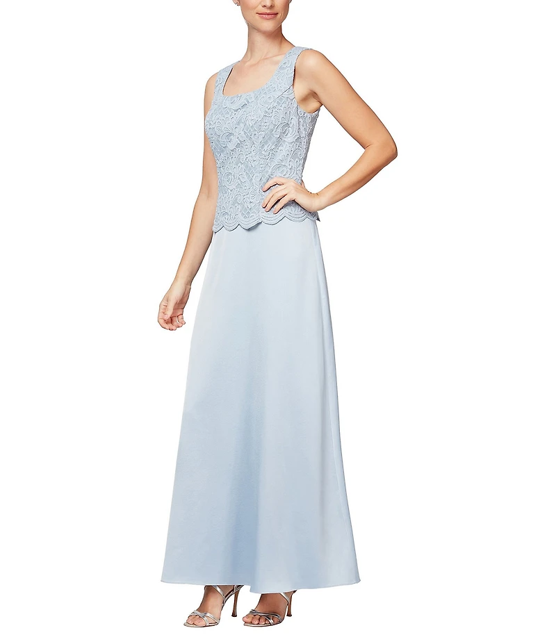 Alex Evenings Glitter Lace 3/4 Sleeve Square Neck Scallop Hem Bodice 2-Piece Jacket Gown