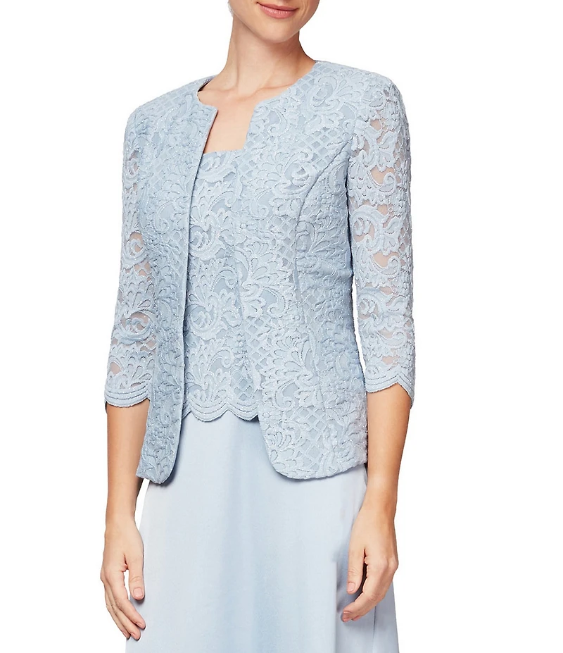 Alex Evenings Glitter Lace 3/4 Sleeve Square Neck Scallop Hem Bodice 2-Piece Jacket Gown