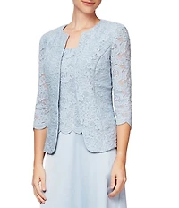 Alex Evenings Glitter Lace 3/4 Sleeve Square Neck Scallop Hem Bodice 2-Piece Jacket Gown