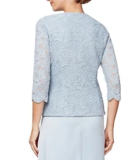 Alex Evenings Glitter Lace 3/4 Sleeve Square Neck Scallop Hem Bodice 2-Piece Jacket Gown