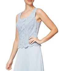 Alex Evenings Glitter Lace 3/4 Sleeve Square Neck Scallop Hem Bodice 2-Piece Jacket Gown