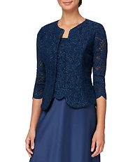 Alex Evenings Glitter Lace 3/4 Sleeve Square Neck Scallop Hem Bodice 2-Piece Jacket Gown