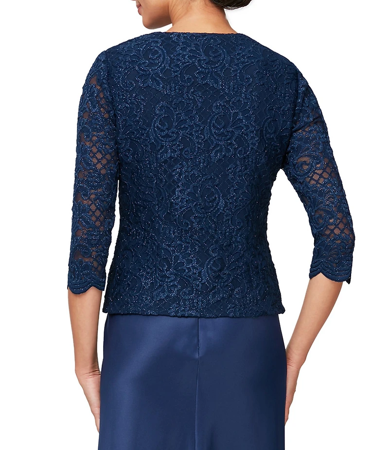 Alex Evenings Glitter Lace 3/4 Sleeve Square Neck Scallop Hem Bodice 2-Piece Jacket Gown