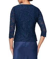 Alex Evenings Glitter Lace 3/4 Sleeve Square Neck Scallop Hem Bodice 2-Piece Jacket Gown