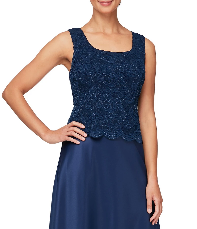 Alex Evenings Glitter Lace 3/4 Sleeve Square Neck Scallop Hem Bodice 2-Piece Jacket Gown