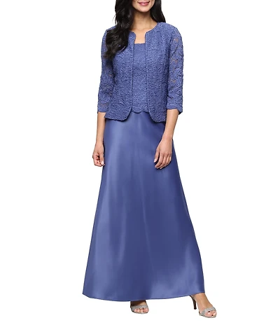 Alex Evenings Glitter Lace 3/4 Sleeve Square Neck Scallop Hem Bodice 2-Piece Jacket Gown