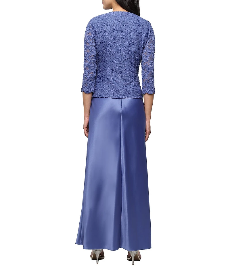 Alex Evenings Glitter Lace 3/4 Sleeve Square Neck Scallop Hem Bodice 2-Piece Jacket Gown