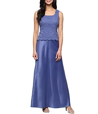 Alex Evenings Glitter Lace 3/4 Sleeve Square Neck Scallop Hem Bodice 2-Piece Jacket Gown