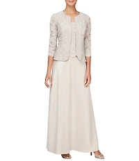Alex Evenings Glitter Lace 3/4 Sleeve Square Neck Scallop Hem Bodice 2-Piece Jacket Gown
