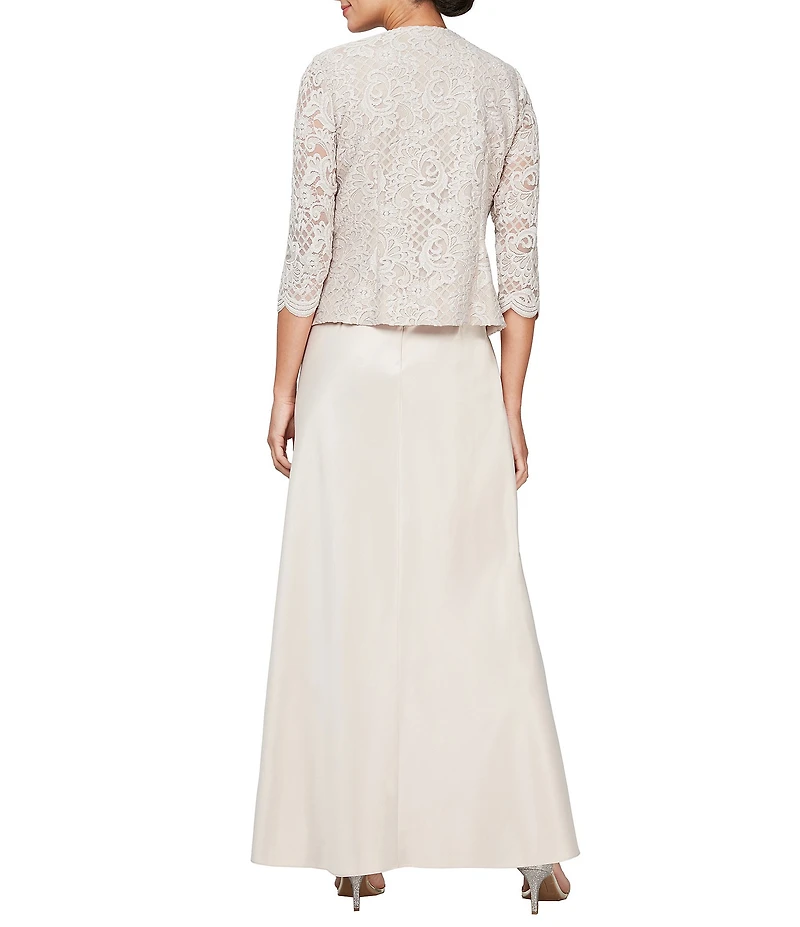 Alex Evenings Glitter Lace 3/4 Sleeve Square Neck Scallop Hem Bodice 2-Piece Jacket Gown