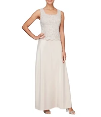 Alex Evenings Glitter Lace 3/4 Sleeve Square Neck Scallop Hem Bodice 2-Piece Jacket Gown