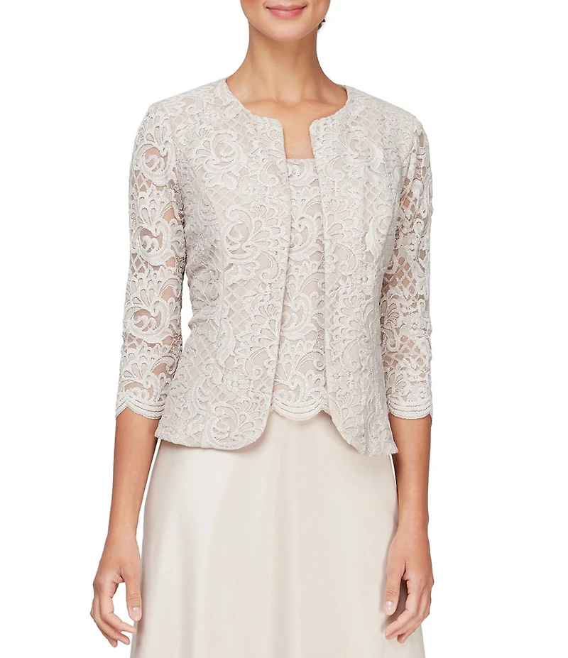 Alex Evenings Glitter Lace 3/4 Sleeve Square Neck Scallop Hem Bodice 2-Piece Jacket Gown